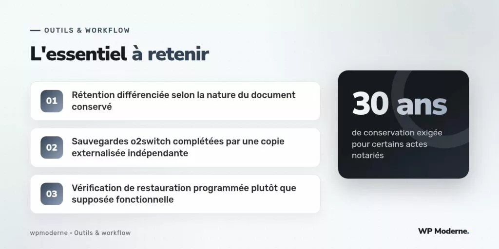 L'essentiel à retenir : Rétention différenciée selon la nature du document conservé ; Sauvegardes o2switch complétées par une copie externalisée indépendante ; Vérification de restauration programmée plutôt que supposée fonctionnelle
