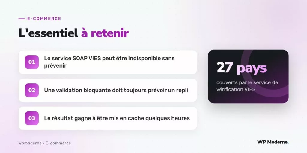 L'essentiel à retenir : Le service SOAP VIES peut être indisponible sans prévenir ; Une validation bloquante doit toujours prévoir un repli ; Le résultat gagne à être mis en cache quelques heures