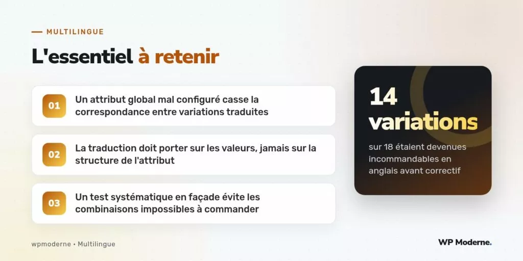 L'essentiel à retenir : Un attribut global mal configuré casse la correspondance entre variations traduites ; La traduction doit porter sur les valeurs, jamais sur la structure de l'attribut ; Un test systématique en façade évite les combinaisons impossibles à commander