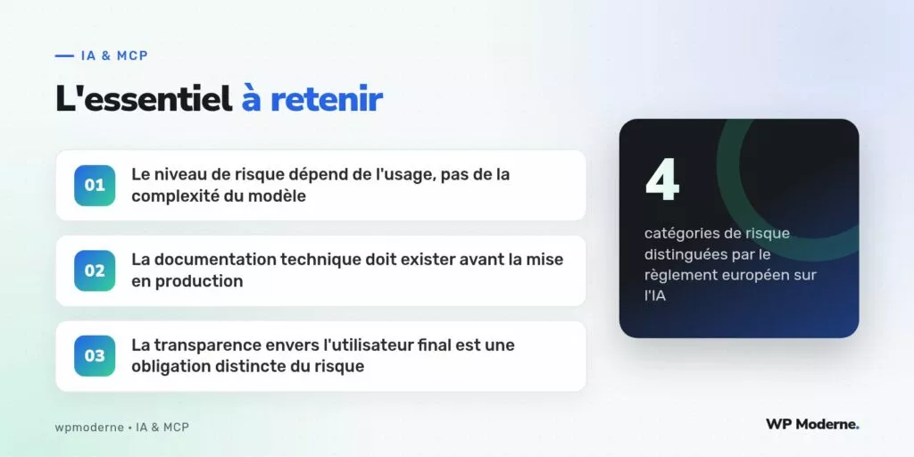 L'essentiel à retenir : Le niveau de risque dépend de l'usage, pas de la complexité du modèle ; La documentation technique doit exister avant la mise en production ; La transparence envers l'utilisateur final est une obligation distincte du risque