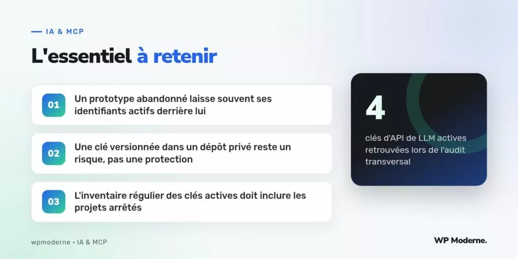 L'essentiel à retenir : Un prototype abandonné laisse souvent ses identifiants actifs derrière lui ; Une clé versionnée dans un dépôt privé reste un risque, pas une protection ; L'inventaire régulier des clés actives doit inclure les projets arrêtés