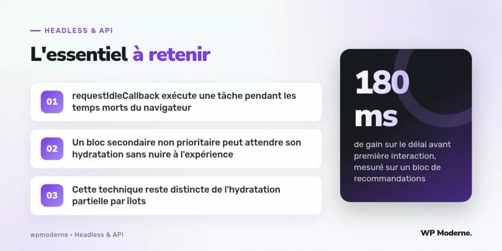 L'essentiel à retenir : requestIdleCallback exécute une tâche pendant les temps morts du navigateur ; Un bloc secondaire non prioritaire peut attendre son hydratation sans nuire à l'expérience ; Cette technique reste distincte de l'hydratation partielle par îlots