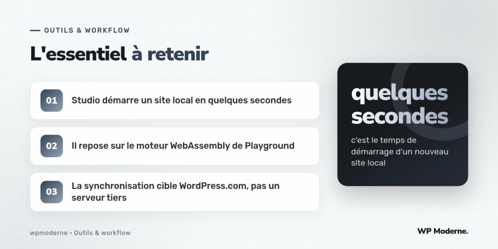 L'essentiel à retenir : Studio démarre un site local en quelques secondes ; Il repose sur le moteur WebAssembly de Playground ; La synchronisation cible WordPress.com, pas un serveur tiers