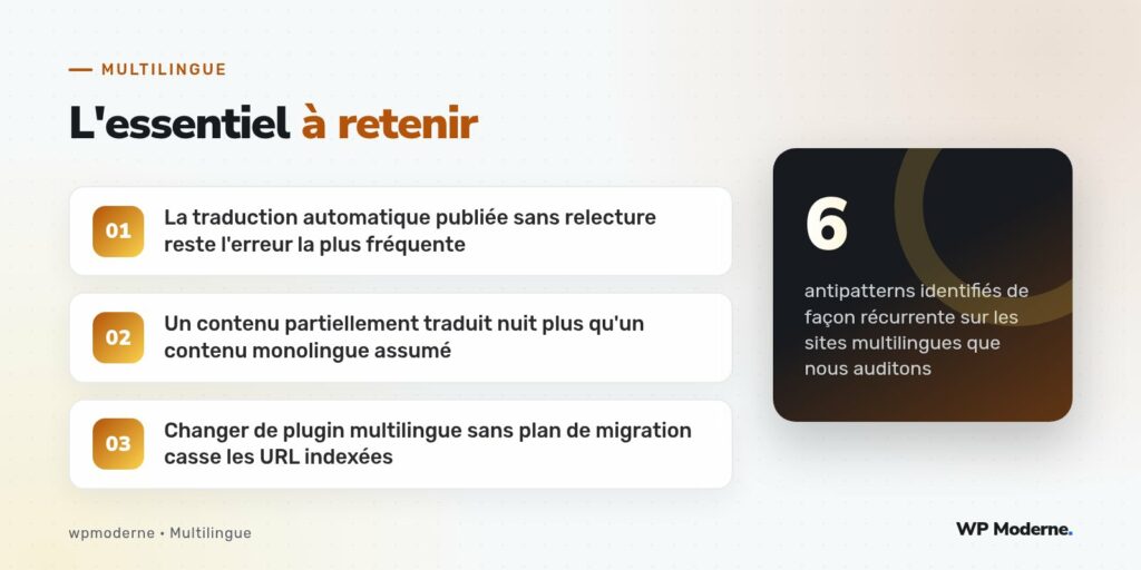 L'essentiel à retenir : La traduction automatique publiée sans relecture reste l'erreur la plus fréquente ; Un contenu partiellement traduit nuit plus qu'un contenu monolingue assumé ; Changer de plugin multilingue sans plan de migration casse les URL indexées