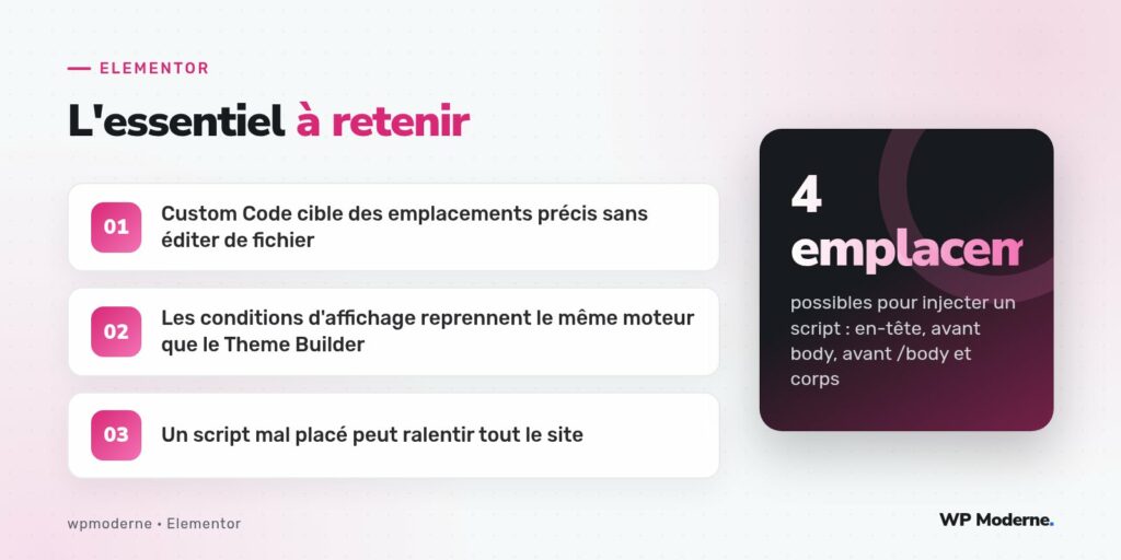L'essentiel à retenir : Custom Code cible des emplacements précis sans éditer de fichier ; Les conditions d'affichage reprennent le même moteur que le Theme Builder ; Un script mal placé peut ralentir tout le site