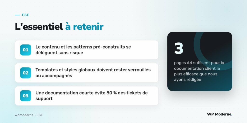 L'essentiel à retenir : Le contenu et les patterns pré-construits se délèguent sans risque ; Templates et styles globaux doivent rester verrouillés ou accompagnés ; Une documentation courte évite 80 % des tickets de support