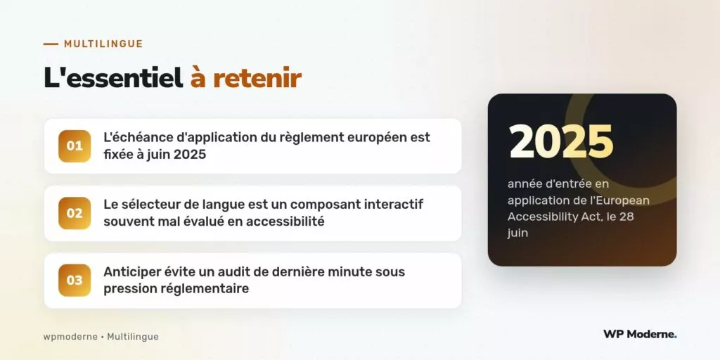 L'essentiel à retenir : L'échéance d'application du règlement européen est fixée à juin 2025 ; Le sélecteur de langue est un composant interactif souvent mal évalué en accessibilité ; Anticiper évite un audit de dernière minute sous pression réglementaire