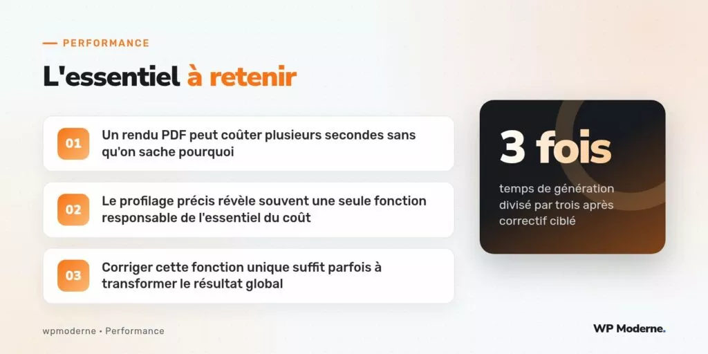 L'essentiel à retenir : Un rendu PDF peut coûter plusieurs secondes sans qu'on sache pourquoi ; Le profilage précis révèle souvent une seule fonction responsable de l'essentiel du coût ; Corriger cette fonction unique suffit parfois à transformer le résultat global