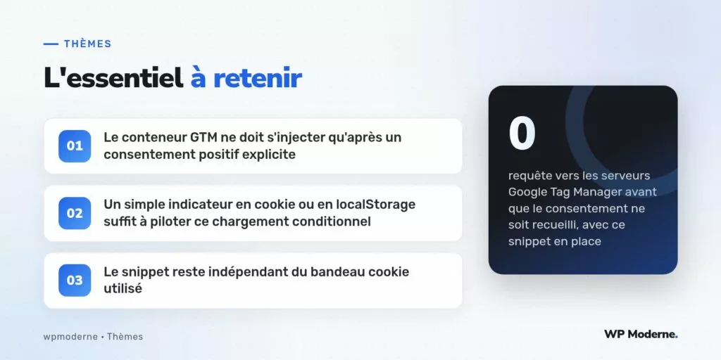 L'essentiel à retenir : Le conteneur GTM ne doit s'injecter qu'après un consentement positif explicite ; Un simple indicateur en cookie ou en localStorage suffit à piloter ce chargement conditionnel ; Le snippet reste indépendant du bandeau cookie utilisé