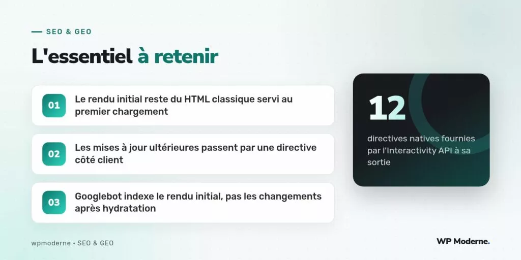 L'essentiel à retenir : Le rendu initial reste du HTML classique servi au premier chargement ; Les mises à jour ultérieures passent par une directive côté client ; Googlebot indexe le rendu initial, pas les changements après hydratation