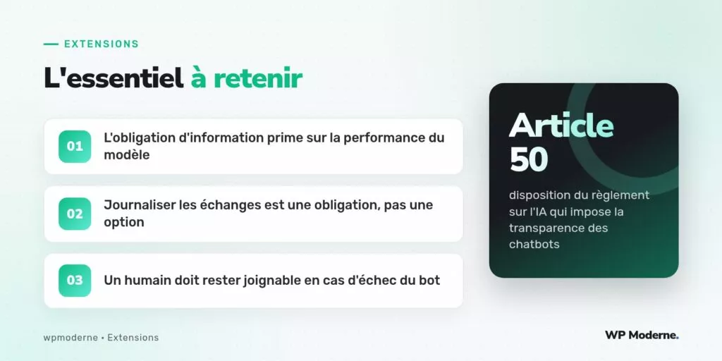 L'essentiel à retenir : L'obligation d'information prime sur la performance du modèle ; Journaliser les échanges est une obligation, pas une option ; Un humain doit rester joignable en cas d'échec du bot