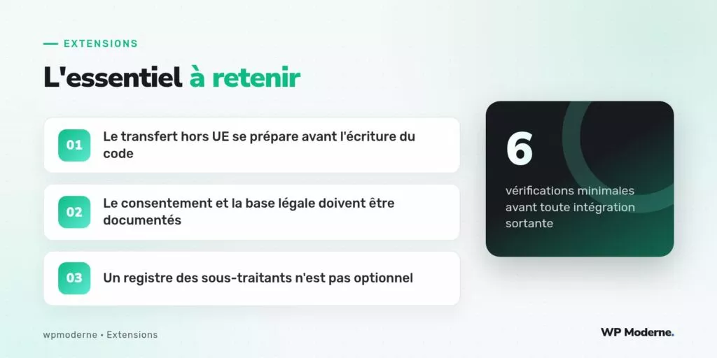 L'essentiel à retenir : Le transfert hors UE se prépare avant l'écriture du code ; Le consentement et la base légale doivent être documentés ; Un registre des sous-traitants n'est pas optionnel