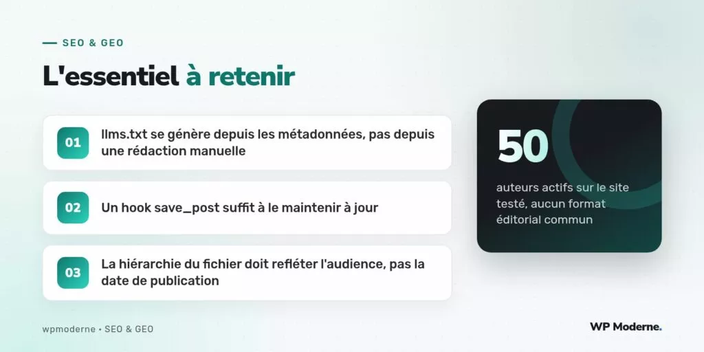 L'essentiel à retenir : llms.txt se génère depuis les métadonnées, pas depuis une rédaction manuelle ; Un hook save_post suffit à le maintenir à jour ; La hiérarchie du fichier doit refléter l'audience, pas la date de publication
