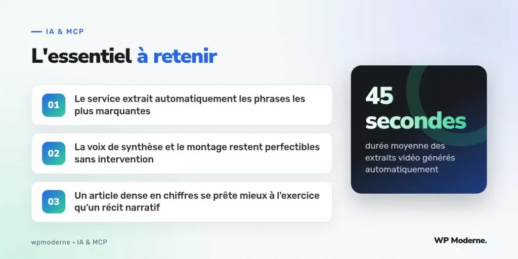L'essentiel à retenir : Le service extrait automatiquement les phrases les plus marquantes ; La voix de synthèse et le montage restent perfectibles sans intervention ; Un article dense en chiffres se prête mieux à l'exercice qu'un récit narratif