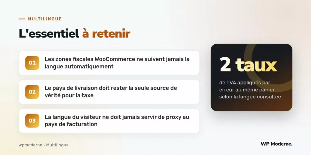 L'essentiel à retenir : Les zones fiscales WooCommerce ne suivent jamais la langue automatiquement ; Le pays de livraison doit rester la seule source de vérité pour la taxe ; La langue du visiteur ne doit jamais servir de proxy au pays de facturation