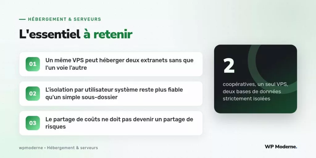 L'essentiel à retenir : Un même VPS peut héberger deux extranets sans que l'un voie l'autre ; L'isolation par utilisateur système reste plus fiable qu'un simple sous-dossier ; Le partage de coûts ne doit pas devenir un partage de risques