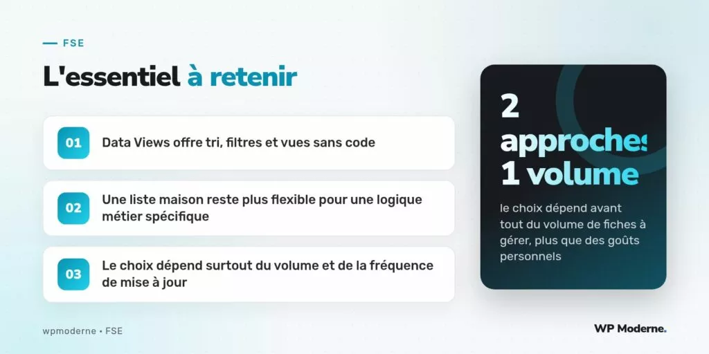 L'essentiel à retenir : Data Views offre tri, filtres et vues sans code ; Une liste maison reste plus flexible pour une logique métier spécifique ; Le choix dépend surtout du volume et de la fréquence de mise à jour