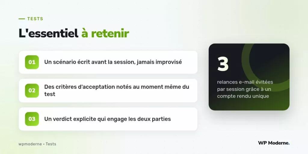 L'essentiel à retenir : Un scénario écrit avant la session, jamais improvisé ; Des critères d'acceptation notés au moment même du test ; Un verdict explicite qui engage les deux parties