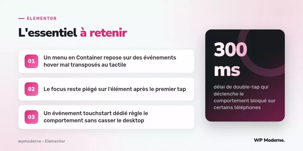 L'essentiel à retenir : Un menu en Container repose sur des événements hover mal transposés au tactile ; Le focus reste piégé sur l'élément après le premier tap ; Un événement touchstart dédié règle le comportement sans casser le desktop