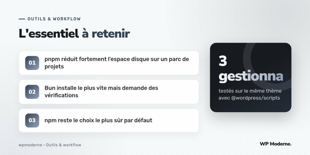 L'essentiel à retenir : pnpm réduit fortement l'espace disque sur un parc de projets ; Bun installe le plus vite mais demande des vérifications ; npm reste le choix le plus sûr par défaut