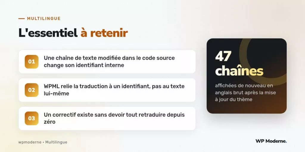 L'essentiel à retenir : Une chaîne de texte modifiée dans le code source change son identifiant interne ; WPML relie la traduction à un identifiant, pas au texte lui-même ; Un correctif existe sans devoir tout retraduire depuis zéro