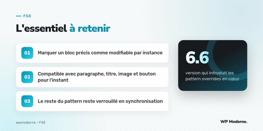 L'essentiel à retenir : Marquer un bloc précis comme modifiable par instance ; Compatible avec paragraphe, titre, image et bouton pour l'instant ; Le reste du pattern reste verrouillé en synchronisation