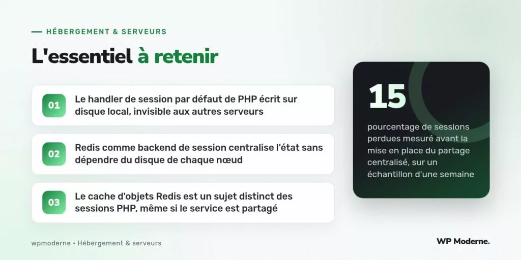 L'essentiel à retenir : Le handler de session par défaut de PHP écrit sur disque local, invisible aux autres serveurs ; Redis comme backend de session centralise l'état sans dépendre du disque de chaque nœud ; Le cache d'objets Redis est un sujet distinct des sessions PHP, même si le service est partagé