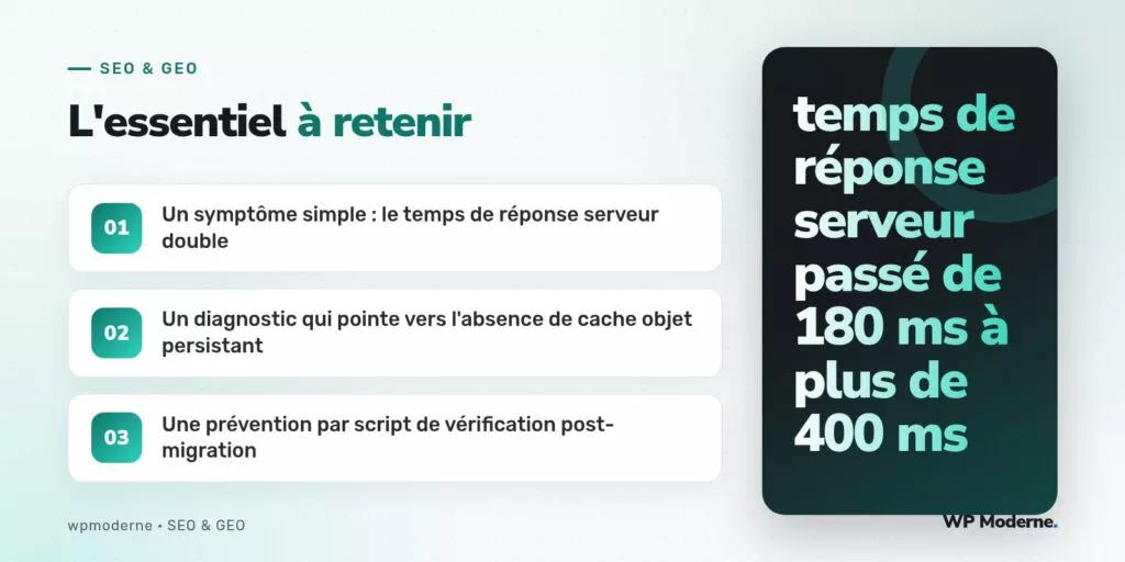 L'essentiel à retenir : Un symptôme simple : le temps de réponse serveur double ; Un diagnostic qui pointe vers l'absence de cache objet persistant ; Une prévention par script de vérification post-migration