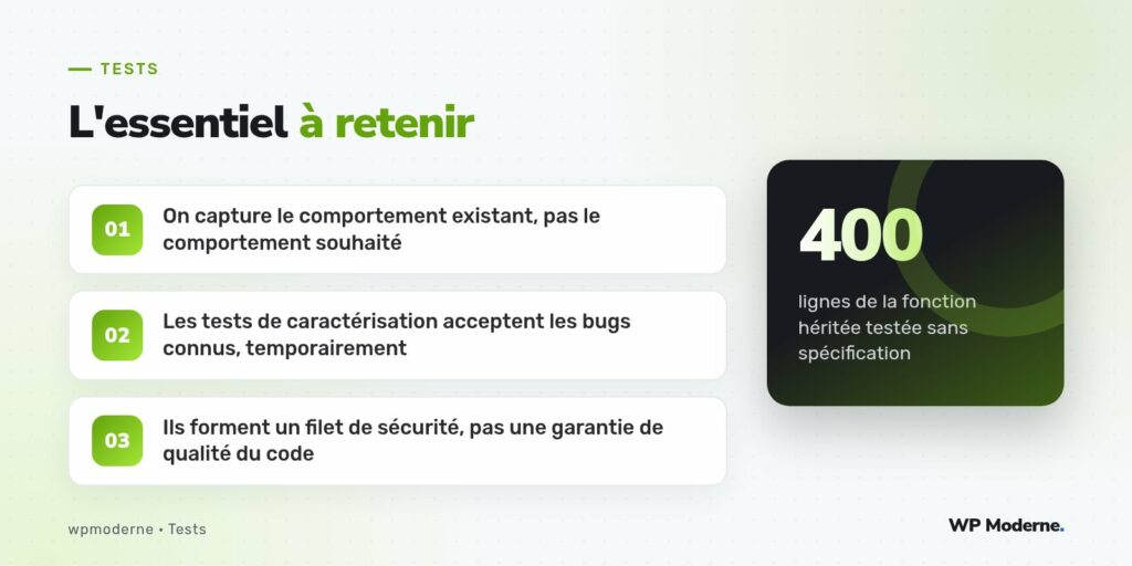 L'essentiel à retenir : On capture le comportement existant, pas le comportement souhaité ; Les tests de caractérisation acceptent les bugs connus, temporairement ; Ils forment un filet de sécurité, pas une garantie de qualité du code