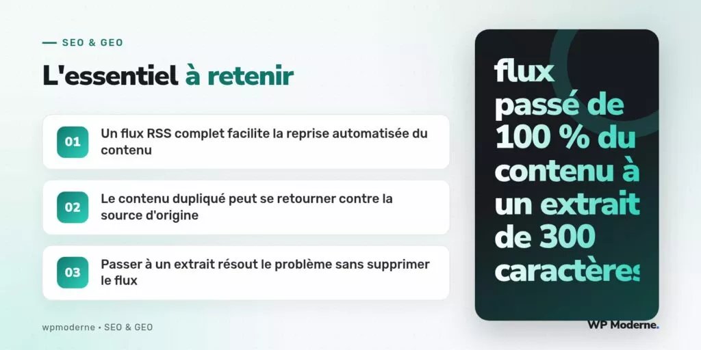 L'essentiel à retenir : Un flux RSS complet facilite la reprise automatisée du contenu ; Le contenu dupliqué peut se retourner contre la source d'origine ; Passer à un extrait résout le problème sans supprimer le flux