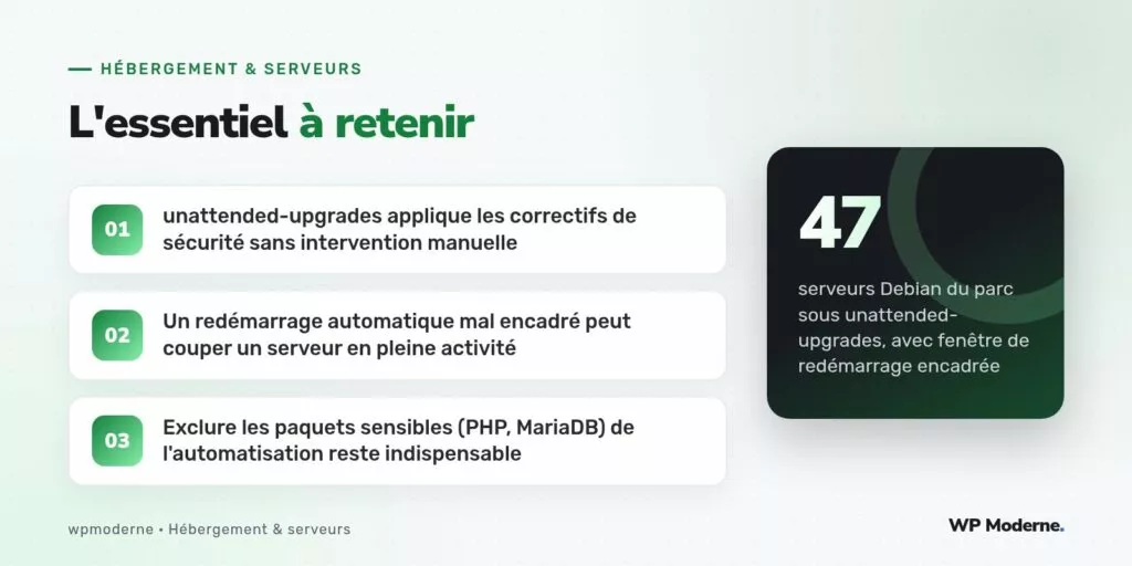 L'essentiel à retenir : unattended-upgrades applique les correctifs de sécurité sans intervention manuelle ; Un redémarrage automatique mal encadré peut couper un serveur en pleine activité ; Exclure les paquets sensibles (PHP, MariaDB) de l'automatisation reste indispensable