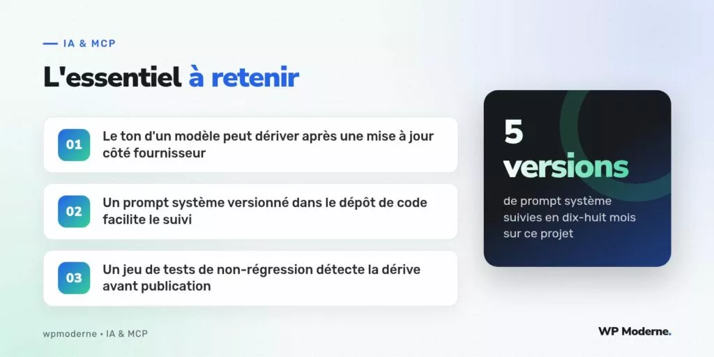 L'essentiel à retenir : Le ton d'un modèle peut dériver après une mise à jour côté fournisseur ; Un prompt système versionné dans le dépôt de code facilite le suivi ; Un jeu de tests de non-régression détecte la dérive avant publication