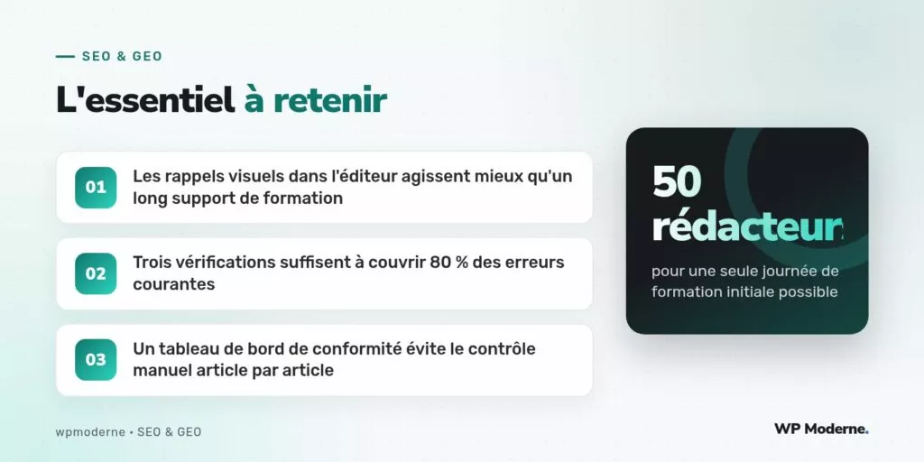 L'essentiel à retenir : Les rappels visuels dans l'éditeur agissent mieux qu'un long support de formation ; Trois vérifications suffisent à couvrir 80 % des erreurs courantes ; Un tableau de bord de conformité évite le contrôle manuel article par article