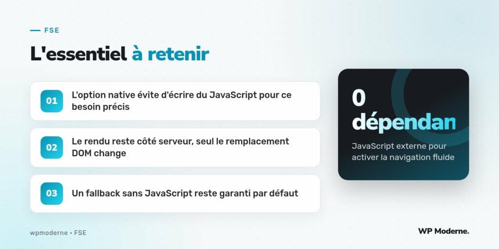 L'essentiel à retenir : L'option native évite d'écrire du JavaScript pour ce besoin précis ; Le rendu reste côté serveur, seul le remplacement DOM change ; Un fallback sans JavaScript reste garanti par défaut