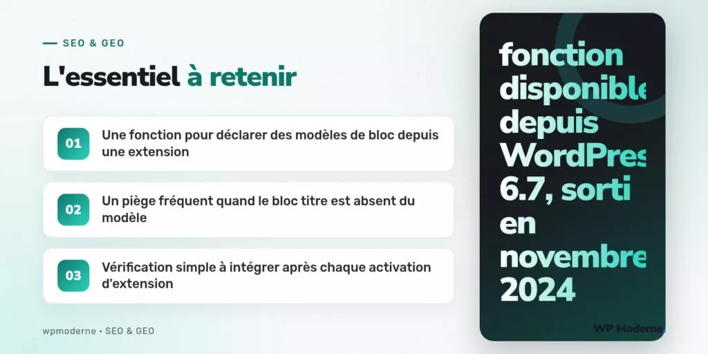 L'essentiel à retenir : Une fonction pour déclarer des modèles de bloc depuis une extension ; Un piège fréquent quand le bloc titre est absent du modèle ; Vérification simple à intégrer après chaque activation d'extension