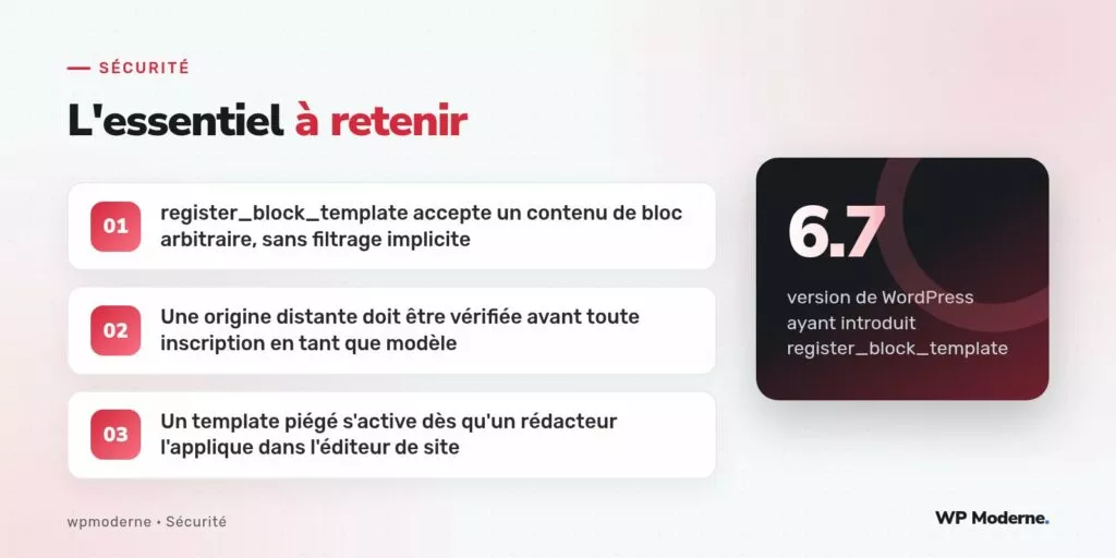 L'essentiel à retenir : register_block_template accepte un contenu de bloc arbitraire, sans filtrage implicite ; Une origine distante doit être vérifiée avant toute inscription en tant que modèle ; Un template piégé s'active dès qu'un rédacteur l'applique dans l'éditeur de site