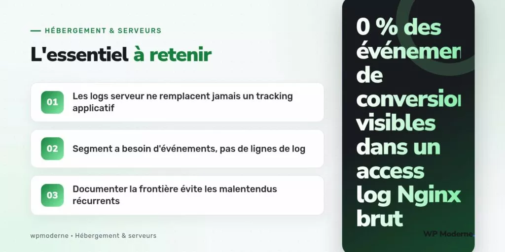 L'essentiel à retenir : Les logs serveur ne remplacent jamais un tracking applicatif ; Segment a besoin d'événements, pas de lignes de log ; Documenter la frontière évite les malentendus récurrents