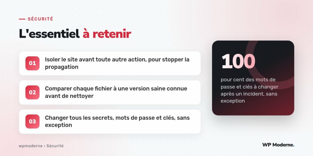 L'essentiel à retenir : Isoler le site avant toute autre action, pour stopper la propagation ; Comparer chaque fichier à une version saine connue avant de nettoyer ; Changer tous les secrets, mots de passe et clés, sans exception