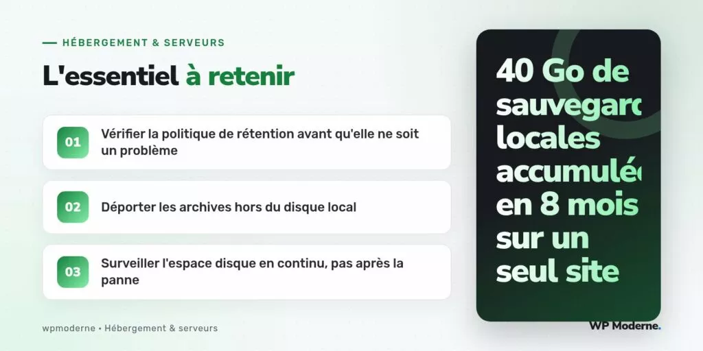 L'essentiel à retenir : Vérifier la politique de rétention avant qu'elle ne soit un problème ; Déporter les archives hors du disque local ; Surveiller l'espace disque en continu, pas après la panne