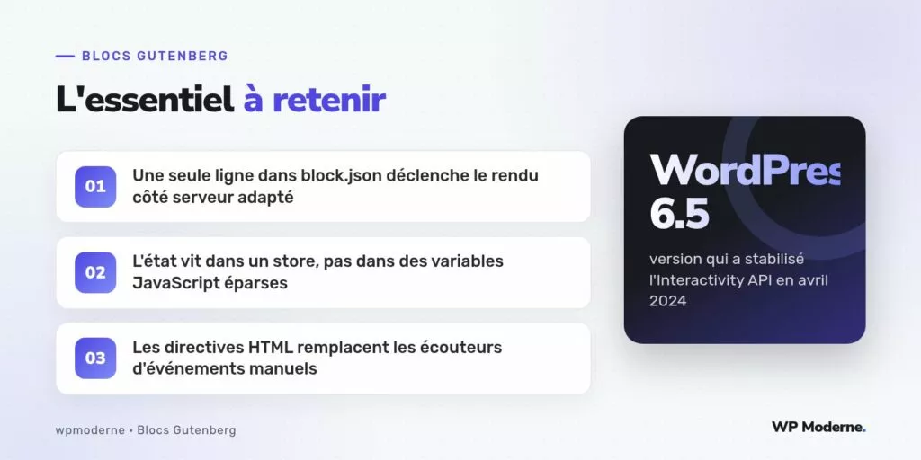 L'essentiel à retenir : Une seule ligne dans block.json déclenche le rendu côté serveur adapté ; L'état vit dans un store, pas dans des variables JavaScript éparses ; Les directives HTML remplacent les écouteurs d'événements manuels