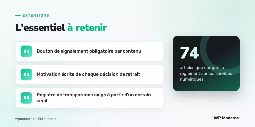 L'essentiel à retenir : Bouton de signalement obligatoire par contenu ; Motivation écrite de chaque décision de retrait ; Registre de transparence exigé à partir d'un certain seuil