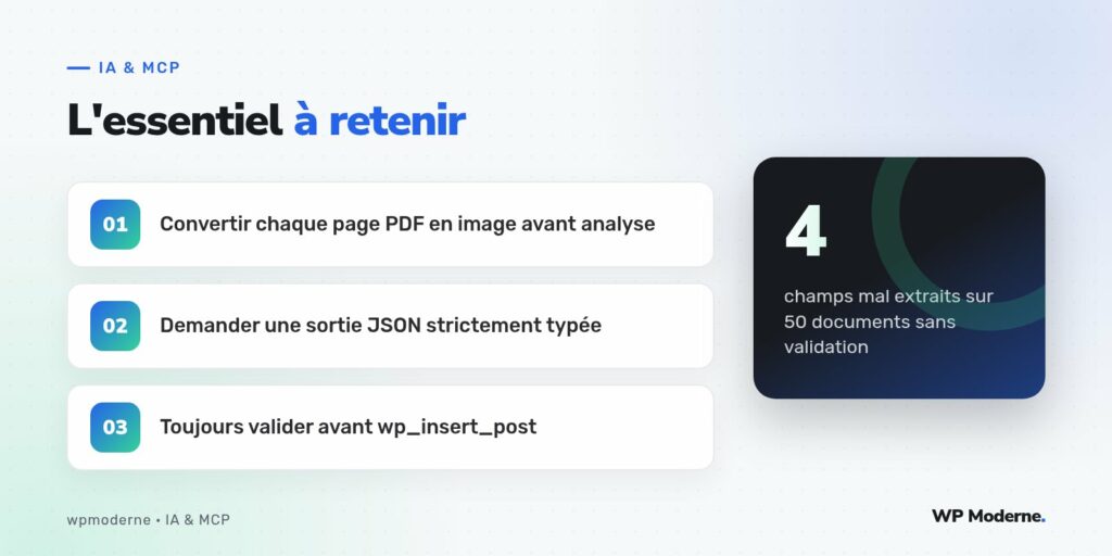 L'essentiel à retenir : Convertir chaque page PDF en image avant analyse ; Demander une sortie JSON strictement typée ; Toujours valider avant wp_insert_post