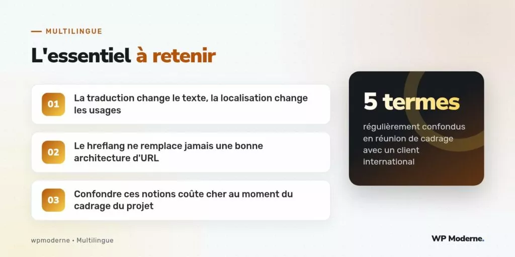 L'essentiel à retenir : La traduction change le texte, la localisation change les usages ; Le hreflang ne remplace jamais une bonne architecture d'URL ; Confondre ces notions coûte cher au moment du cadrage du projet