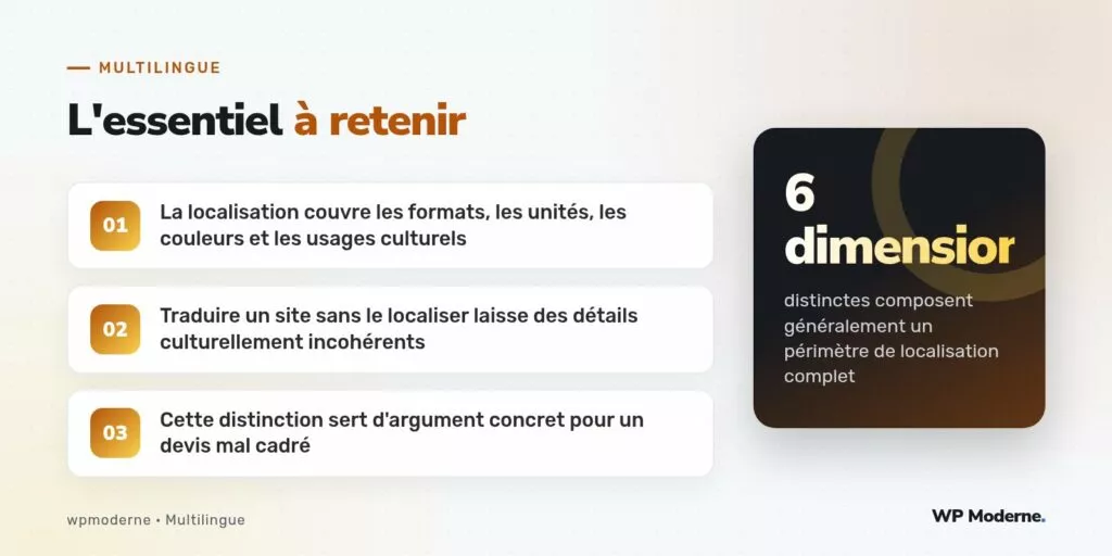 L'essentiel à retenir : La localisation couvre les formats, les unités, les couleurs et les usages culturels ; Traduire un site sans le localiser laisse des détails culturellement incohérents ; Cette distinction sert d'argument concret pour un devis mal cadré