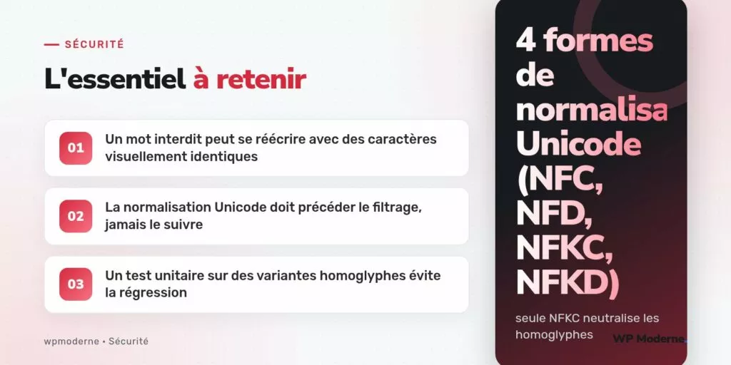 L'essentiel à retenir : Un mot interdit peut se réécrire avec des caractères visuellement identiques ; La normalisation Unicode doit précéder le filtrage, jamais le suivre ; Un test unitaire sur des variantes homoglyphes évite la régression