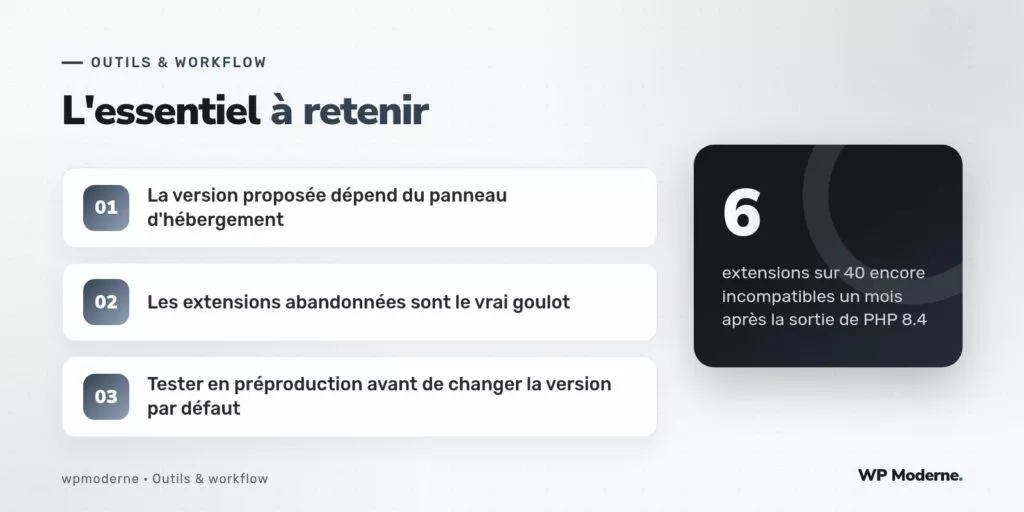 L'essentiel à retenir : La version proposée dépend du panneau d'hébergement ; Les extensions abandonnées sont le vrai goulot ; Tester en préproduction avant de changer la version par défaut