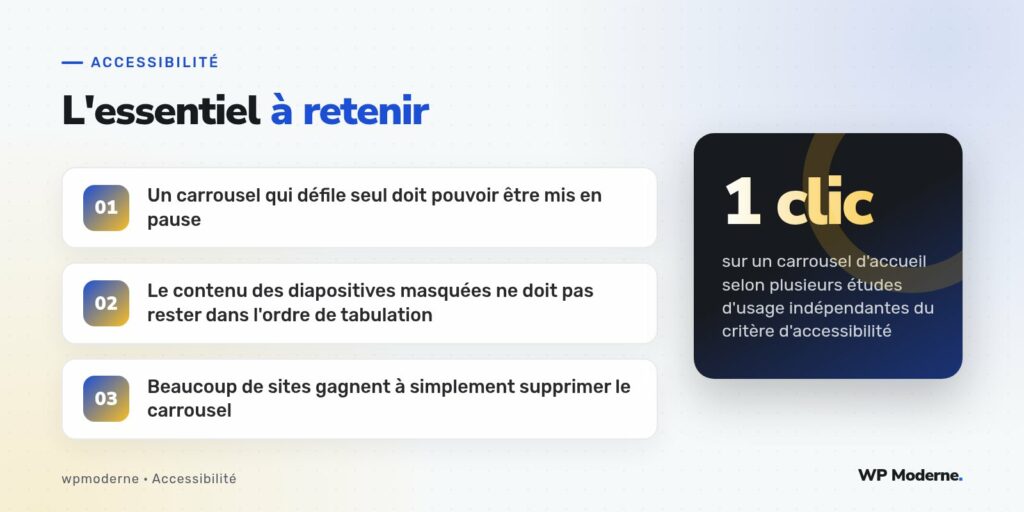 L'essentiel à retenir : Un carrousel qui défile seul doit pouvoir être mis en pause ; Le contenu des diapositives masquées ne doit pas rester dans l'ordre de tabulation ; Beaucoup de sites gagnent à simplement supprimer le carrousel