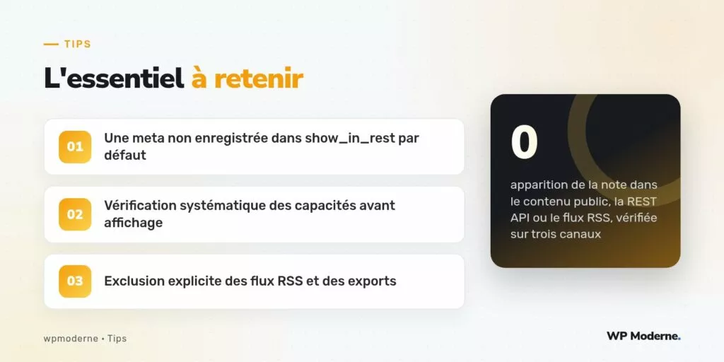 L'essentiel à retenir : Une meta non enregistrée dans show_in_rest par défaut ; Vérification systématique des capacités avant affichage ; Exclusion explicite des flux RSS et des exports