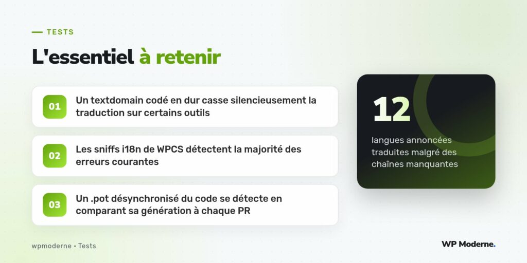 L'essentiel à retenir : Un textdomain codé en dur casse silencieusement la traduction sur certains outils ; Les sniffs i18n de WPCS détectent la majorité des erreurs courantes ; Un .pot désynchronisé du code se détecte en comparant sa génération à chaque PR