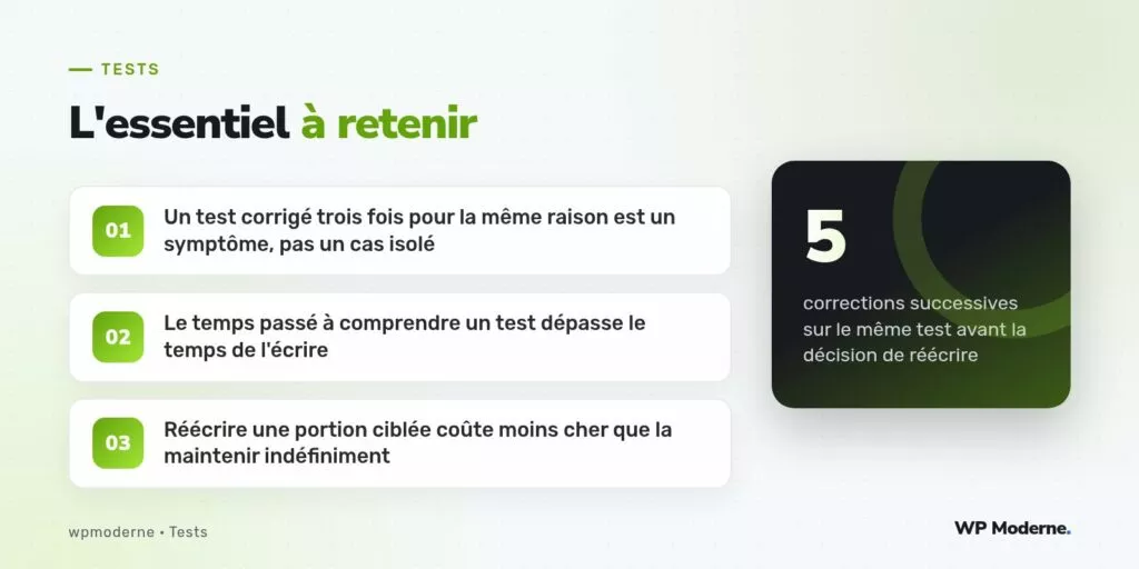 L'essentiel à retenir : Un test corrigé trois fois pour la même raison est un symptôme, pas un cas isolé ; Le temps passé à comprendre un test dépasse le temps de l'écrire ; Réécrire une portion ciblée coûte moins cher que la maintenir indéfiniment